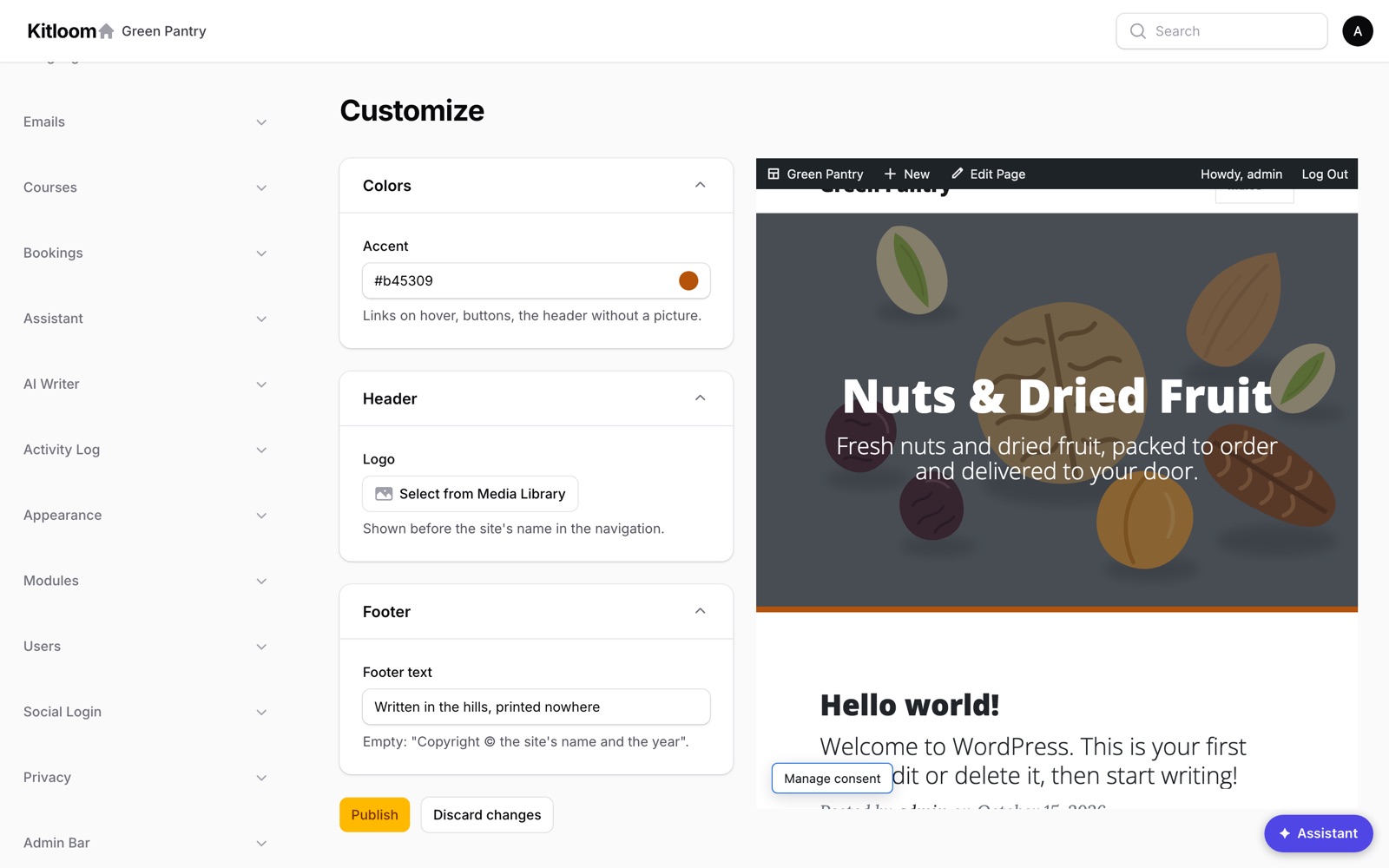 The Customize screen in the Filament admin: Colors, Header and Footer sections with the accent colour, the logo and the footer text on the left, and the site in a frame on the right drawn with the new accent.