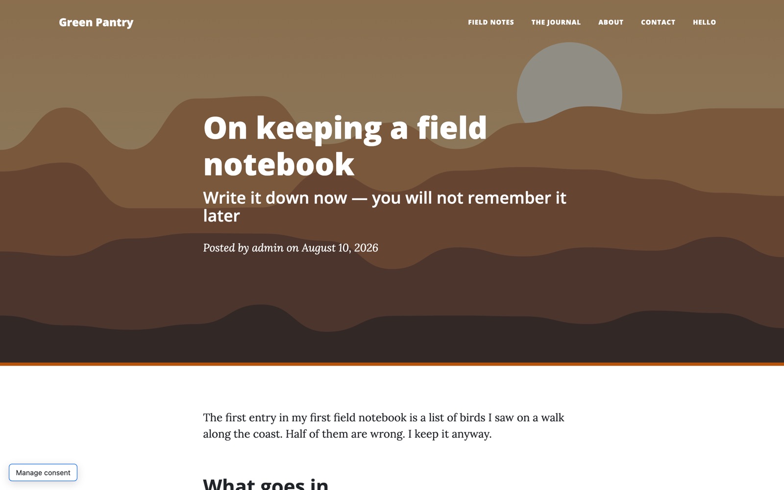 A post on the Inkwell child theme: Journal's photo header and typography, with a thick amber rule under the header from the child's style.css.