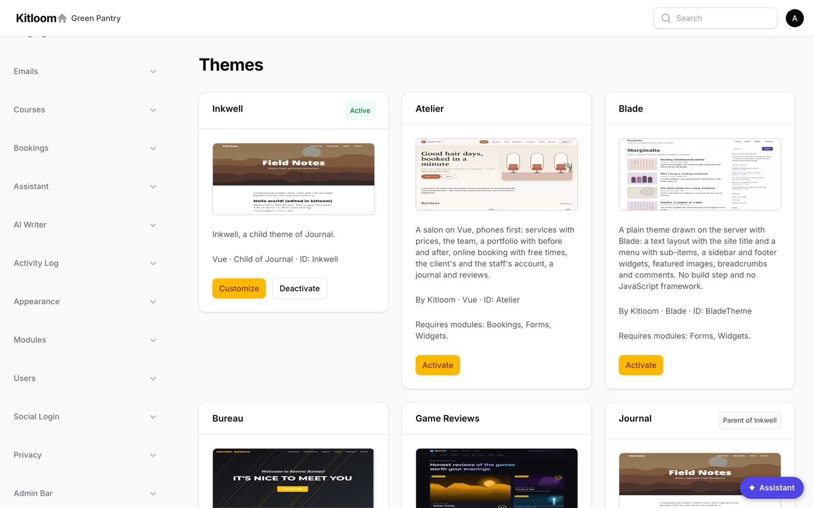 The Themes screen: the Inkwell card is active and says Vue, Child of Journal, with Customize and Deactivate buttons; the Journal card further down says Parent of Inkwell.