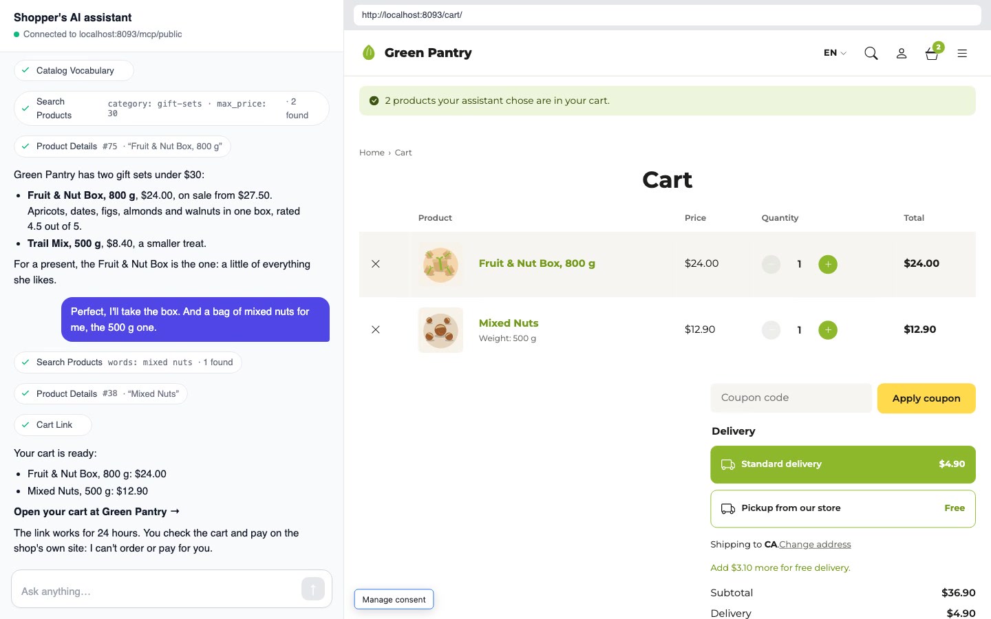 On the left, a shopper's AI assistant connected to localhost:8093/mcp/public: it searched the shop's gift sets, recommended the Fruit & Nut Box at $24, then added a 500 g bag of Mixed Nuts and gave a cart link. On the right, the shop's cart page with both products and the notice '2 products your assistant chose are in your cart'.