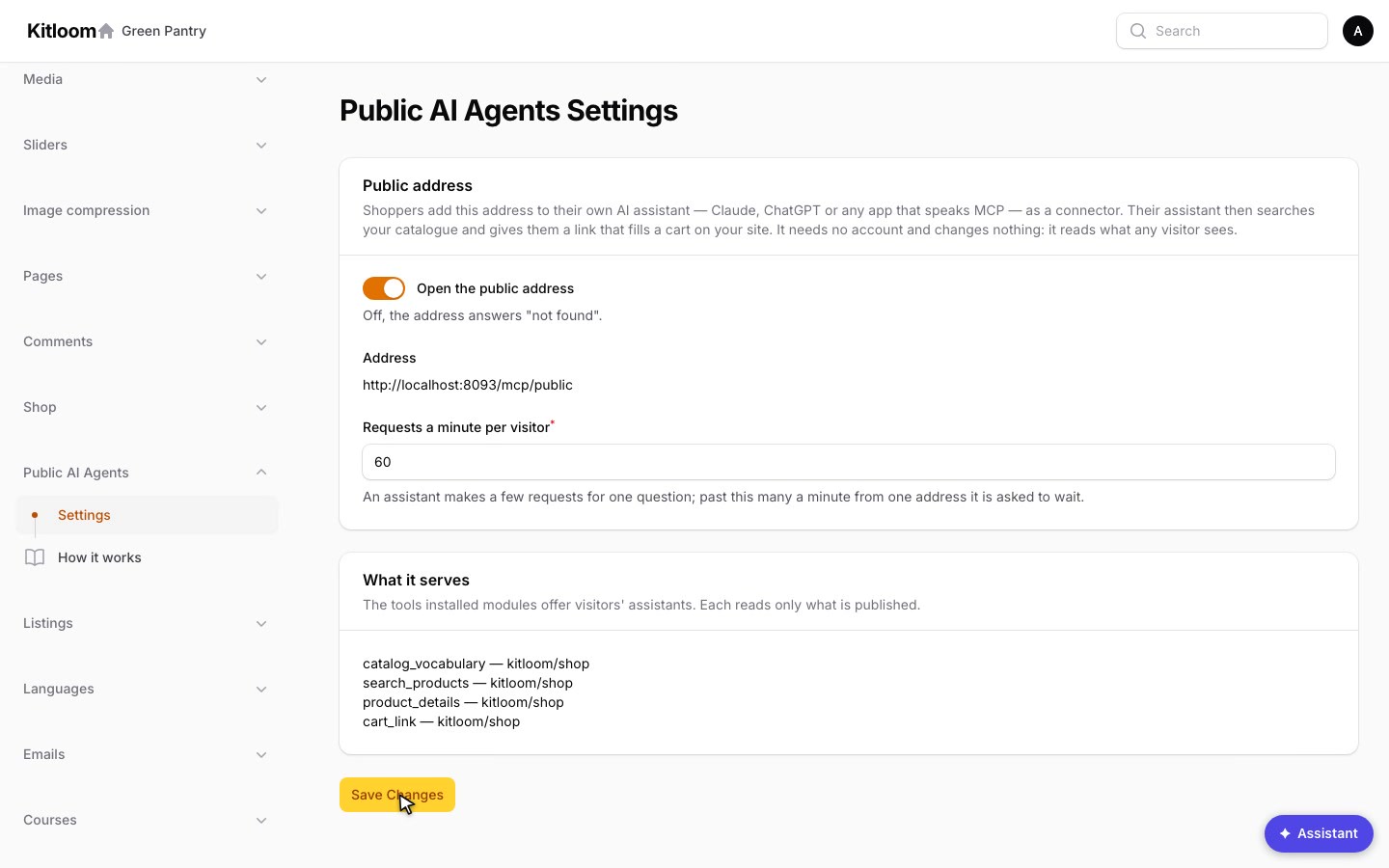 Public AI Agents Settings in the Filament admin: the switch Open the public address turned on, the address http://localhost:8093/mcp/public, Requests a minute per visitor set to 60, and What it serves listing catalog_vocabulary, search_products, product_details and cart_link from kitloom/shop.